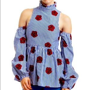 Romeo + Juliet Couture cold shoulder striped top with embroidered roses